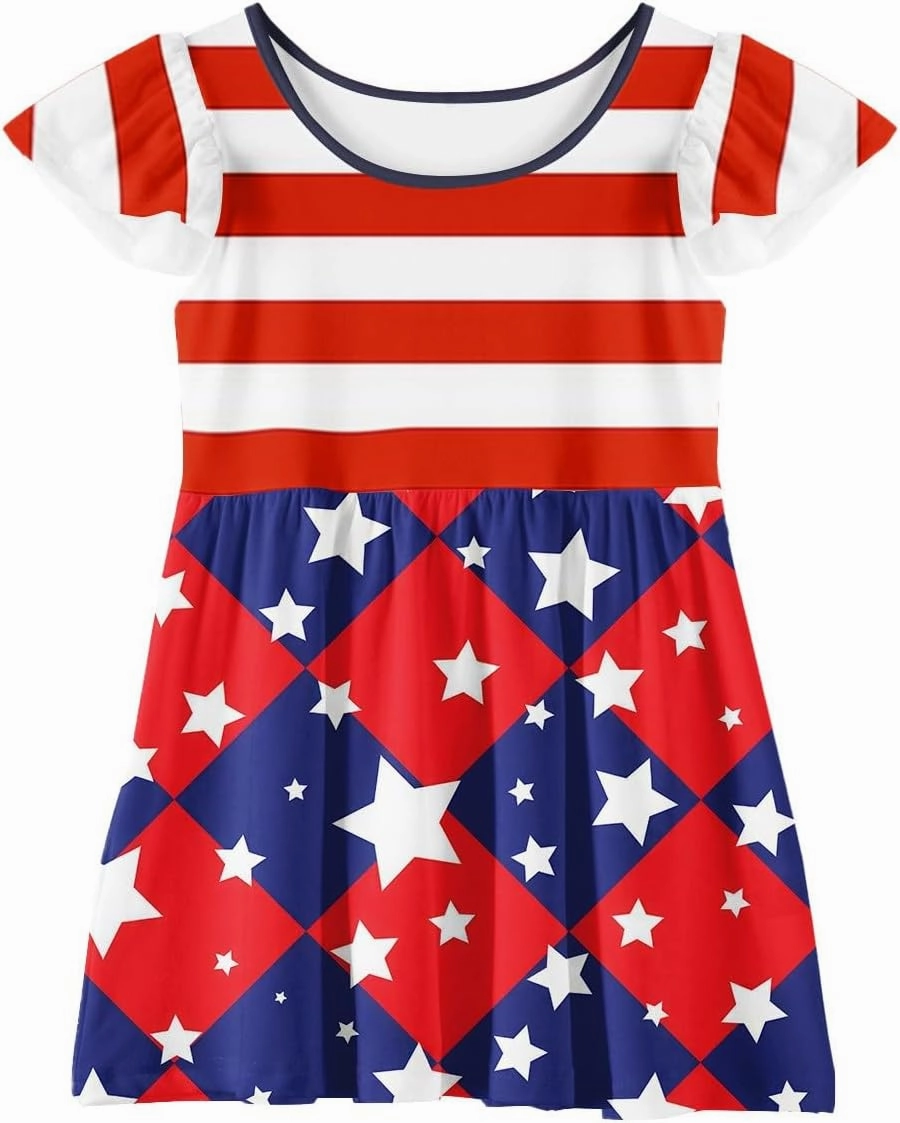 Girls 4th of July Dress Kids American Flag Patriotic Stars Striped Summer A Line Dresses for Kids Independence Day
