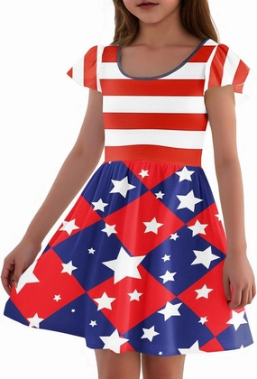 Girls 4th of July Dress Kids American Flag Patriotic Stars Striped Summer A Line Dresses for Kids Independence Day