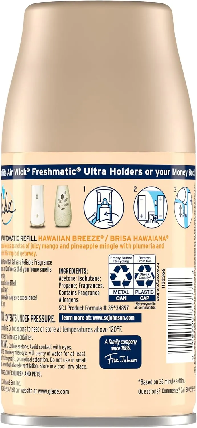 Glade Automatic Spray Refill and Holder Kit, Air Freshener for Home and Bathroom, Hawaiian Breeze, 6.2 Oz, 2 Count