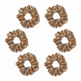 Glittering Gold Sequin Hair Scrunchies Set (6pc) | Elastic Ponytail Holders for Thick & Thin Hair | Metallic Glam Accessories for Girls' Daily, School & Stage Wear