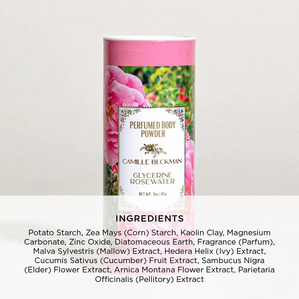 Glycerine Rosewater Scented Talc-Free Body Powder, Perfumed Dusting Powder, Camille Beckman, 3 Ounce