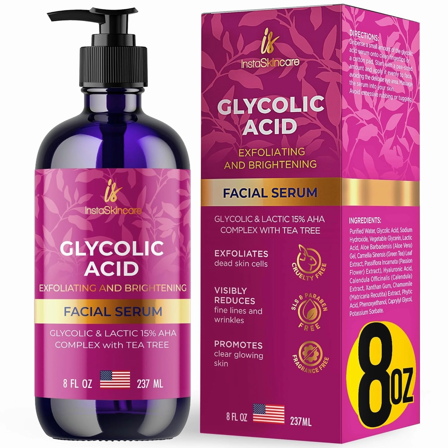 Glycolic Acid Serum for Face 15% Strength - Extra Large Size (8Oz) - Advanced Formula for Enhancing Skin Radiance, Texture Improvement, Addressing Uneven Tone & Fine Lines