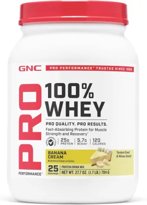 GNC Pro Performance 100% Whey Protein Powder | Fast Absorbing Protein, Muscle Strength and Recovery | Banana Cream | 25 Servings