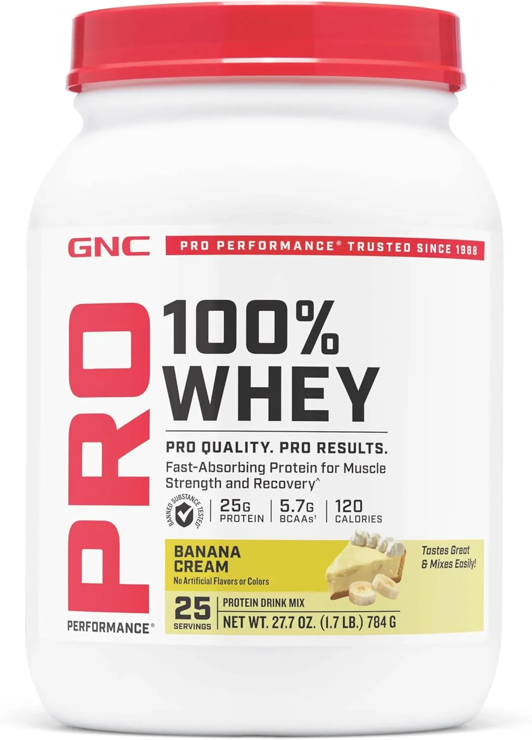 GNC Pro Performance 100% Whey Protein Powder | Fast Absorbing Protein, Muscle Strength and Recovery | Banana Cream | 25 Servings