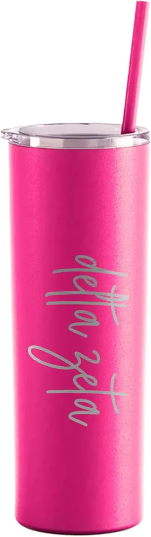 Go Greek Chic Delta Zeta Laser Engraved Skinny Tumbler with Straw (Hot Pink)