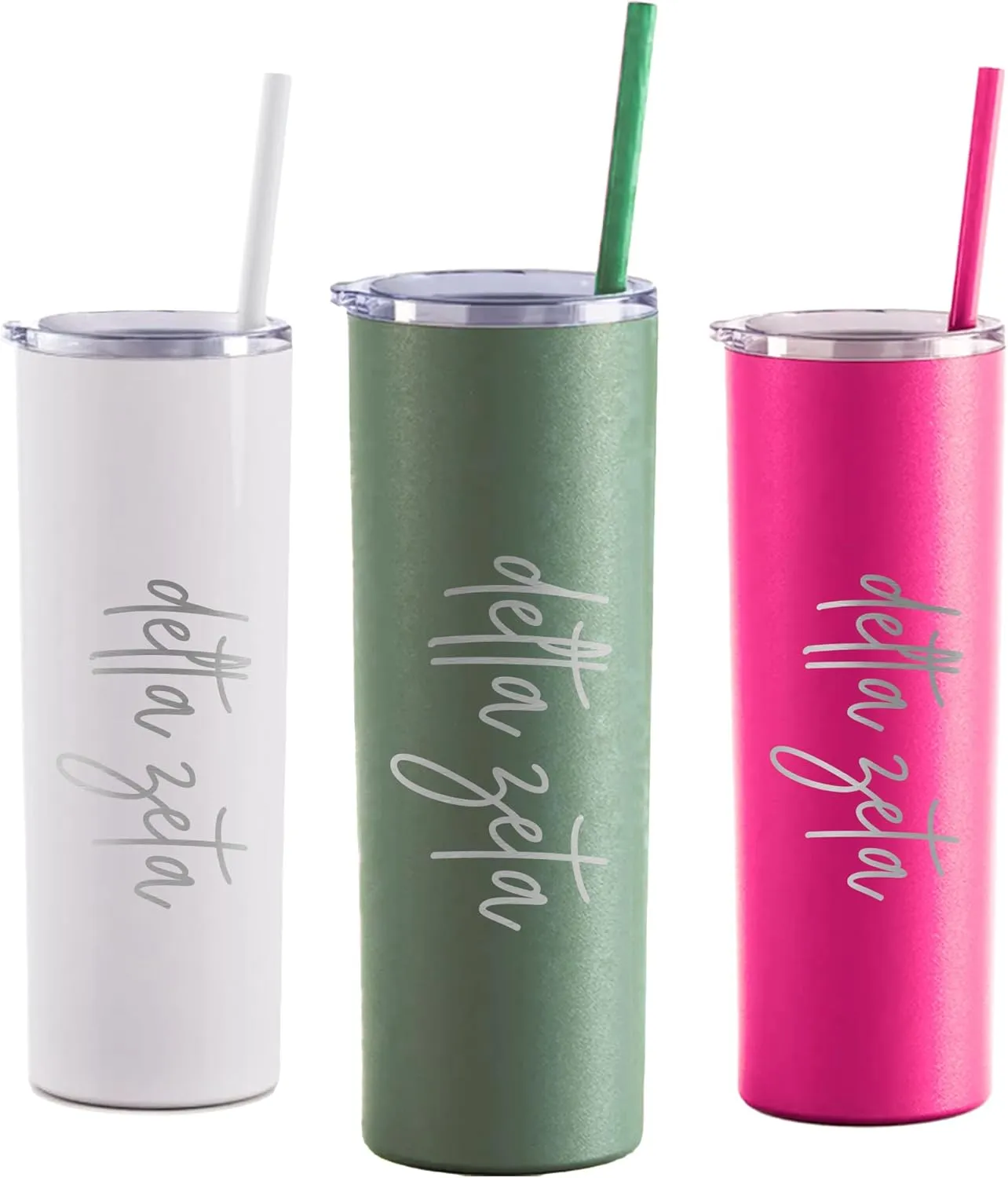 Go Greek Chic Delta Zeta Laser Engraved Skinny Tumbler with Straw (Hot Pink)