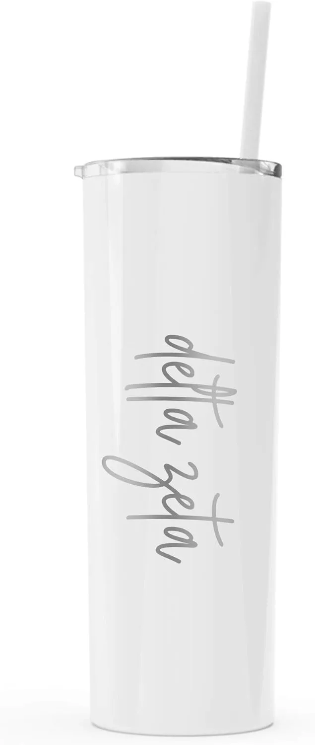 Go Greek Chic Delta Zeta Laser Engraved Skinny Tumbler with Straw (White)