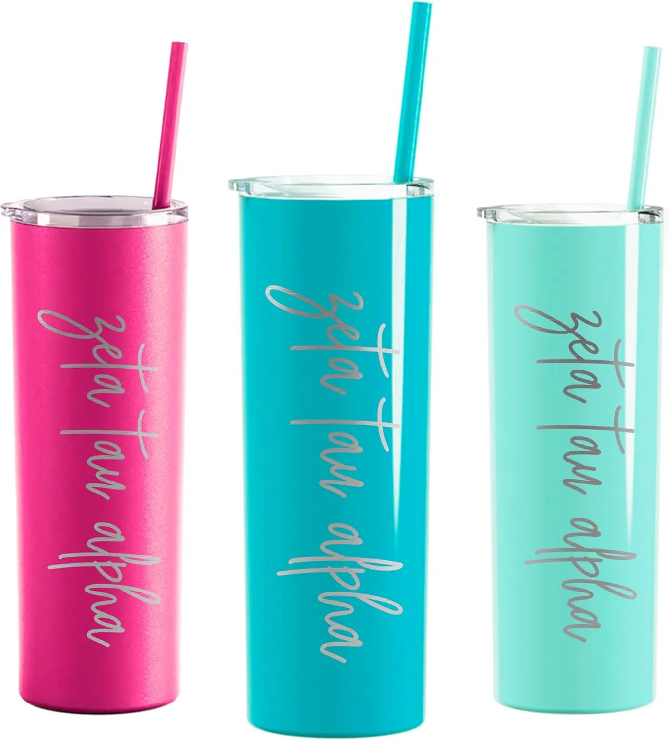 Go Greek Chic Zeta Tau Alpha Laser Engraved Skinny Tumbler with Straw (Teal)