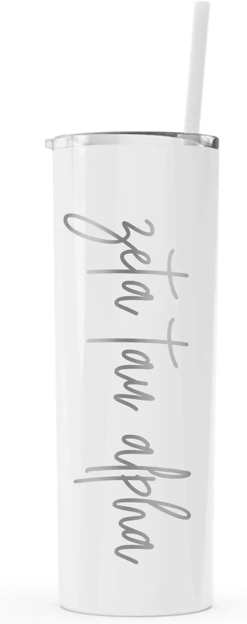 Go Greek Chic Zeta Tau Alpha Laser Engraved Skinny Tumbler with Straw (White)