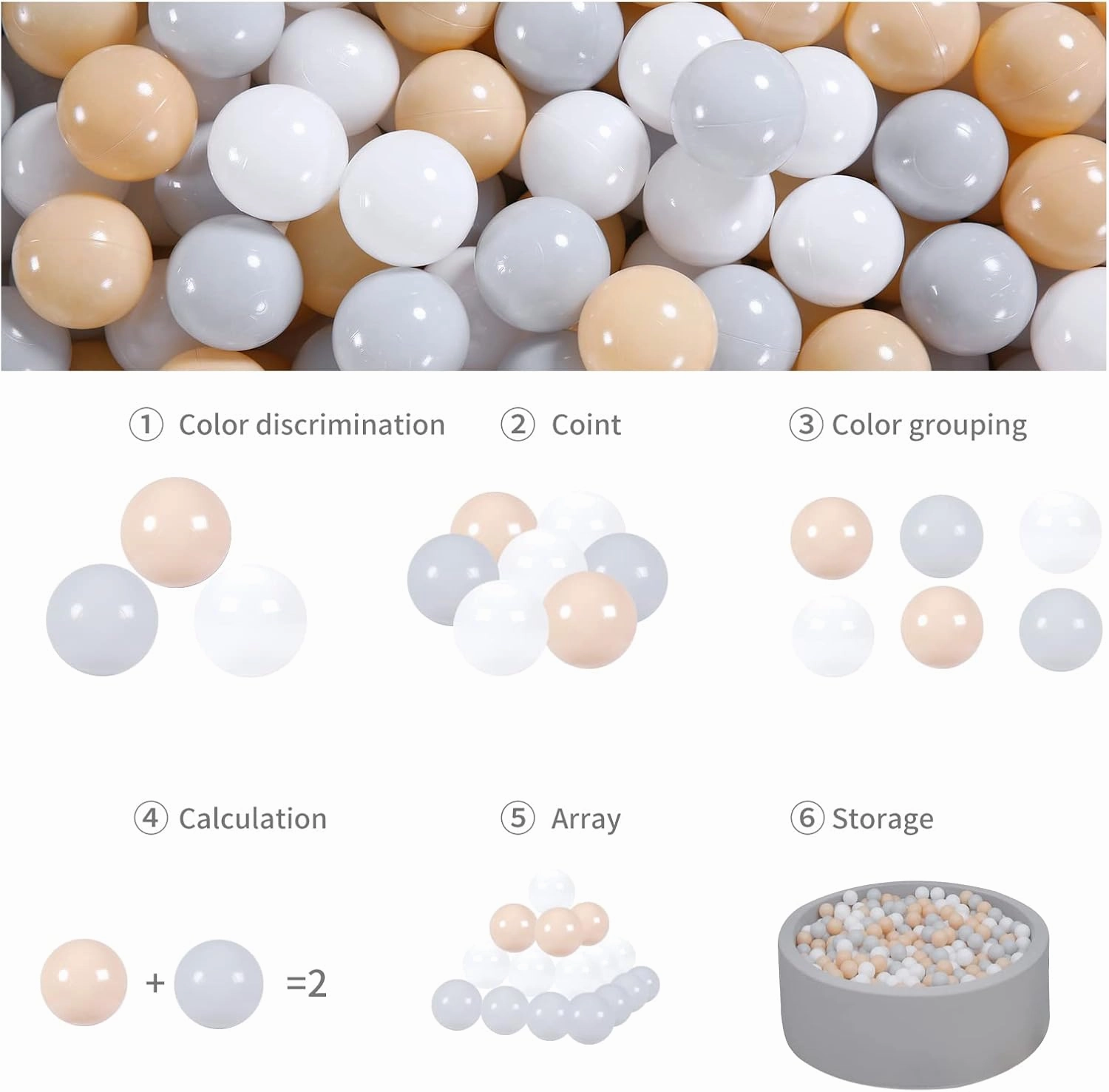 GOGOSO Ball Pit Balls Crush Proof Non-Toxic Plastic Balls Babies Kids Toy Bulk Pack 170pcs 2.2inchs, Cream Gray White