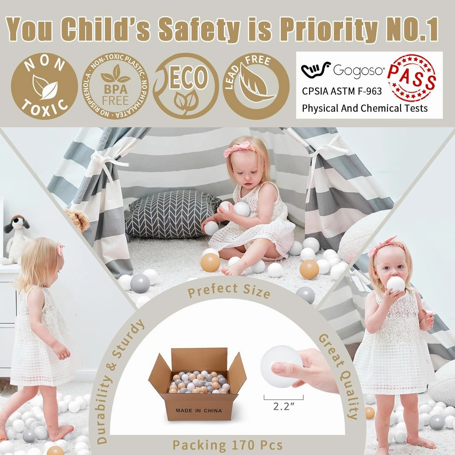 GOGOSO Ball Pit Balls Crush Proof Non-Toxic Plastic Balls Babies Kids Toy Bulk Pack 170pcs 2.2inchs, Cream Gray White