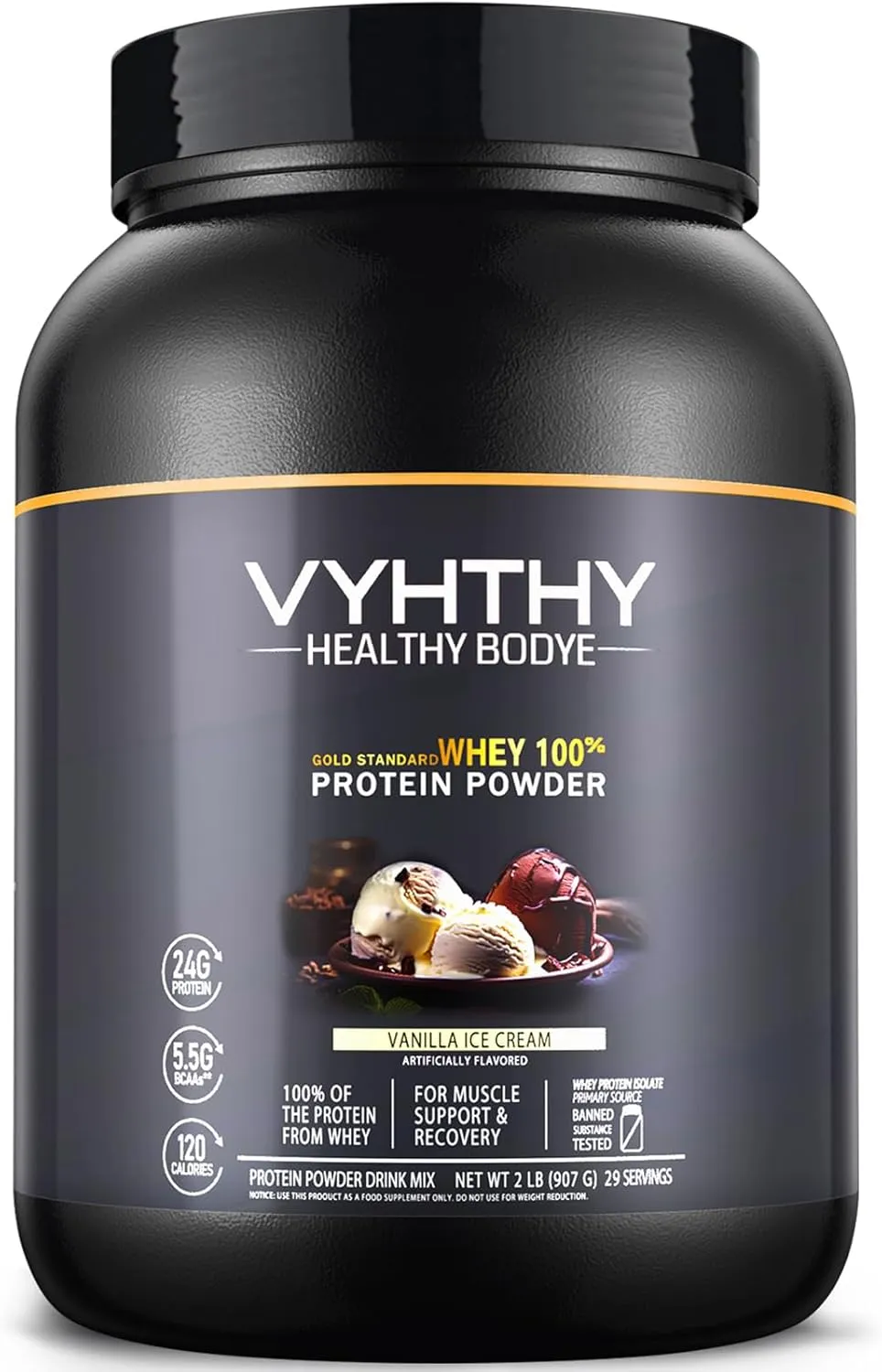 Gold Standard Whey Protein Powder, Vanilla Ice Cream, 24g Protein per Serving, Low Sugar, Fast Absorbing, 2LB Tub – Ideal for Muscle Recovery & Active Lifestyles