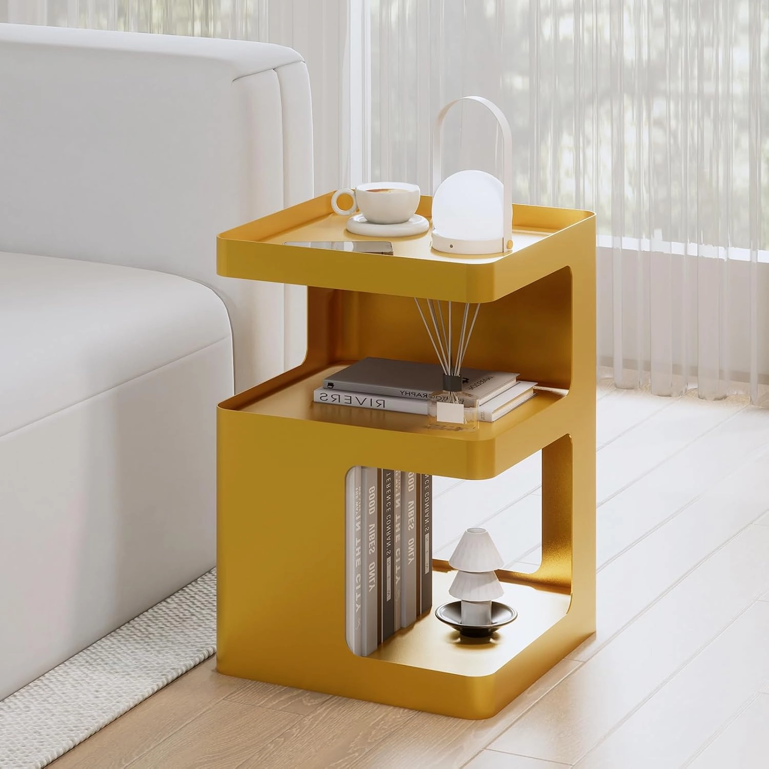 Gold Side Table,Modern end Table with Storage,Unique nightstand,Metal Small Bedside Table,3-Tier Accent Table for Bedroom,Living Room,Small Space,Couch.No Assembly Required