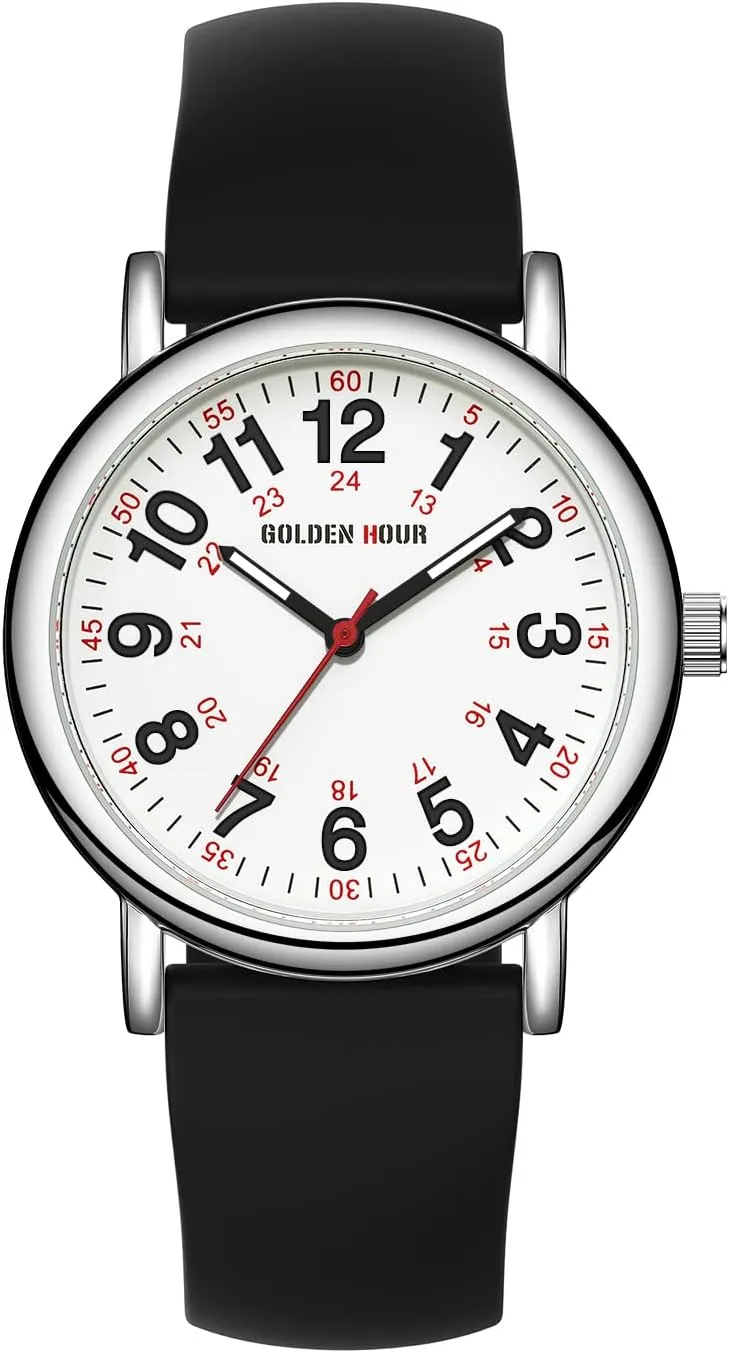 GOLDEN HOUR Waterproof Nurse Watch for Medical Professionals, Students Women Men - Military Time Luminouse Easy Read Dial, 24 Hour with Second Hand, Colorful Silicone Band