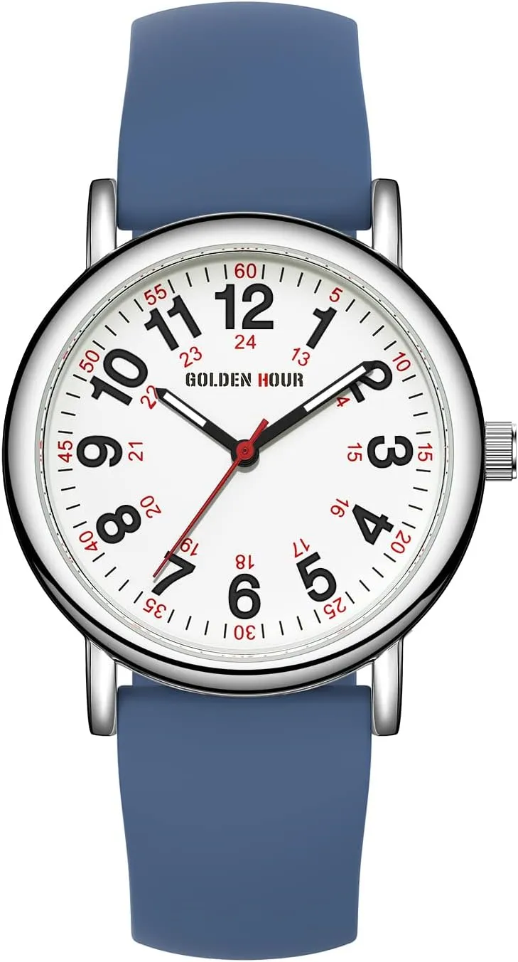 GOLDEN HOUR Waterproof Nurse Watch for Medical Professionals, Students Women Men - Military Time Luminouse Easy Read Dial, 24 Hour with Second Hand, Colorful Silicone Band