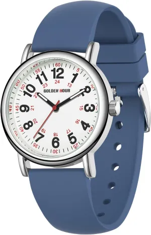 GOLDEN HOUR Waterproof Nurse Watch for Medical Professionals, Students Women Men - Military Time Luminouse Easy Read Dial, 24 Hour with Second Hand, Colorful Silicone Band