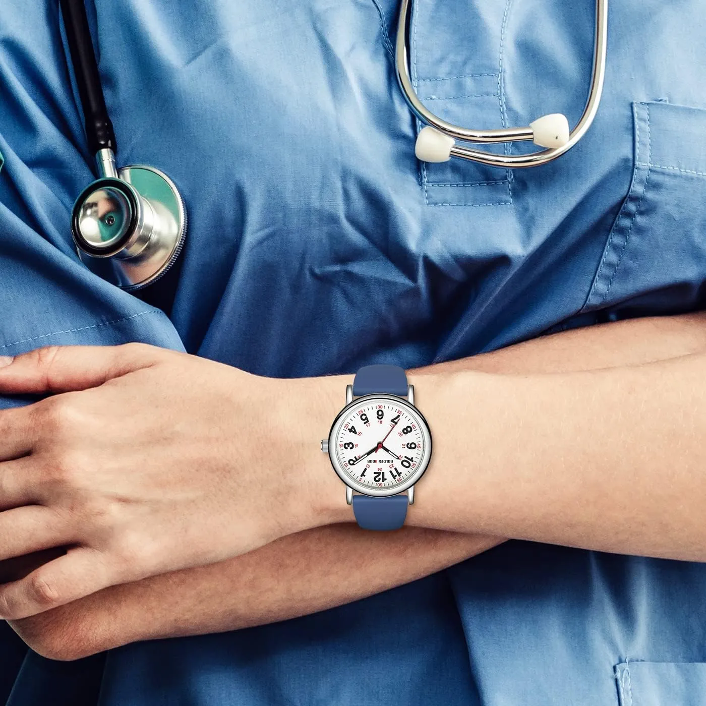 GOLDEN HOUR Waterproof Nurse Watch for Medical Professionals, Students Women Men - Military Time Luminouse Easy Read Dial, 24 Hour with Second Hand, Colorful Silicone Band