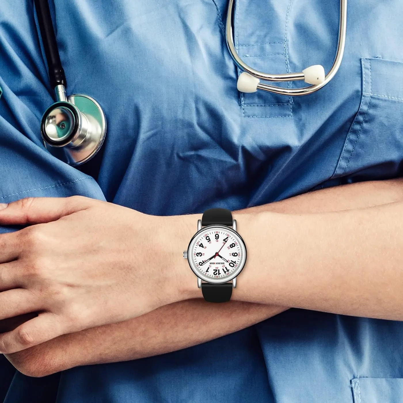 GOLDEN HOUR Waterproof Nurse Watch for Medical Professionals, Students Women Men - Military Time Luminouse Easy Read Dial, 24 Hour with Second Hand, Colorful Silicone Band