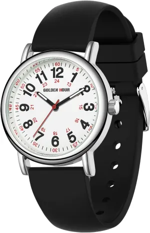 GOLDEN HOUR Waterproof Nurse Watch for Medical Professionals, Students Women Men - Military Time Luminouse Easy Read Dial, 24 Hour with Second Hand, Colorful Silicone Band