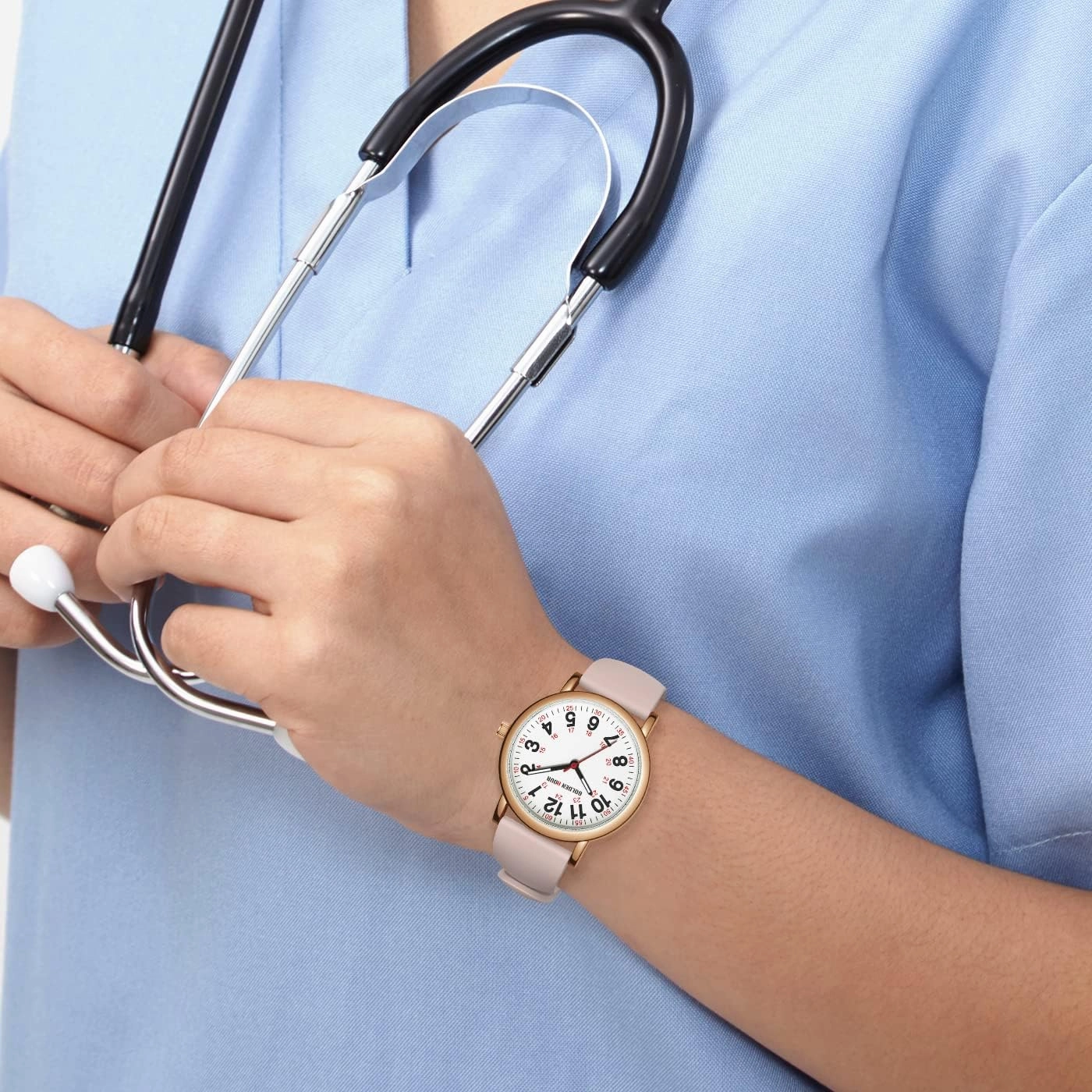 GOLDEN HOUR Waterproof Nurse Watch for Medical Professionals, Students Women Men - Military Time Luminouse Easy Read Dial, 24 Hour with Second Hand, Colorful Silicone Band