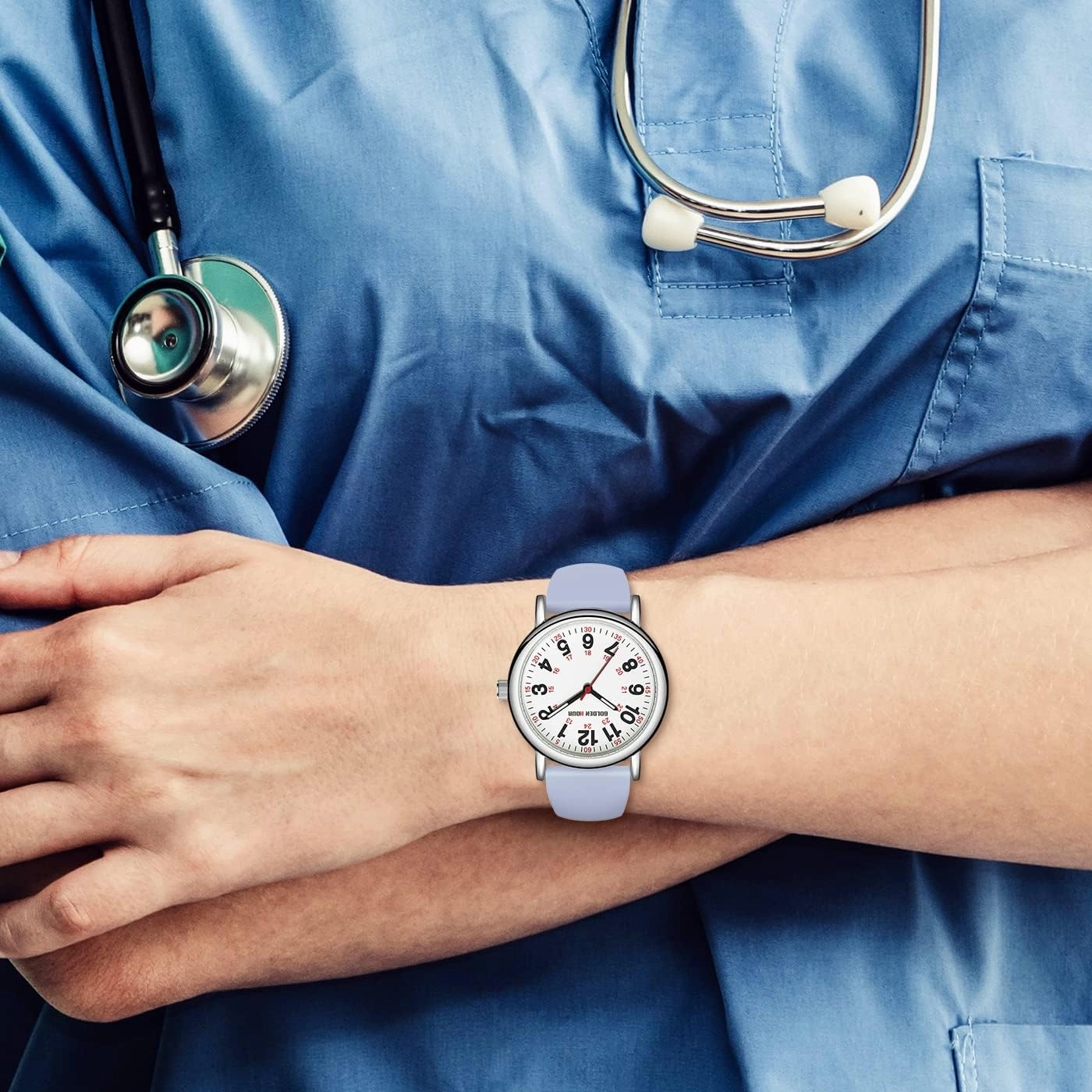 GOLDEN HOUR Waterproof Nurse Watch for Medical Professionals, Students Women Men - Military Time Luminouse Easy Read Dial, 24 Hour with Second Hand, Colorful Silicone Band