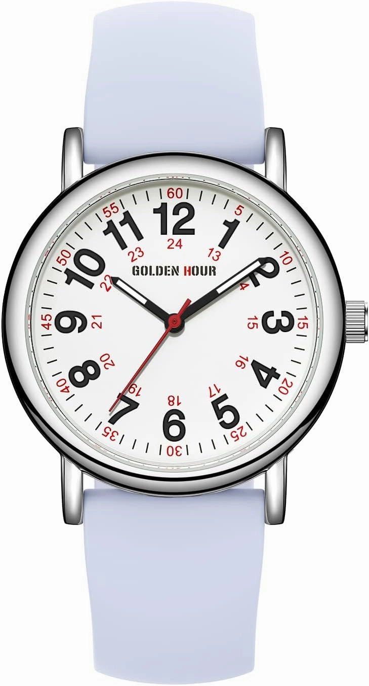 GOLDEN HOUR Waterproof Nurse Watch for Medical Professionals, Students Women Men - Military Time Luminouse Easy Read Dial, 24 Hour with Second Hand, Colorful Silicone Band