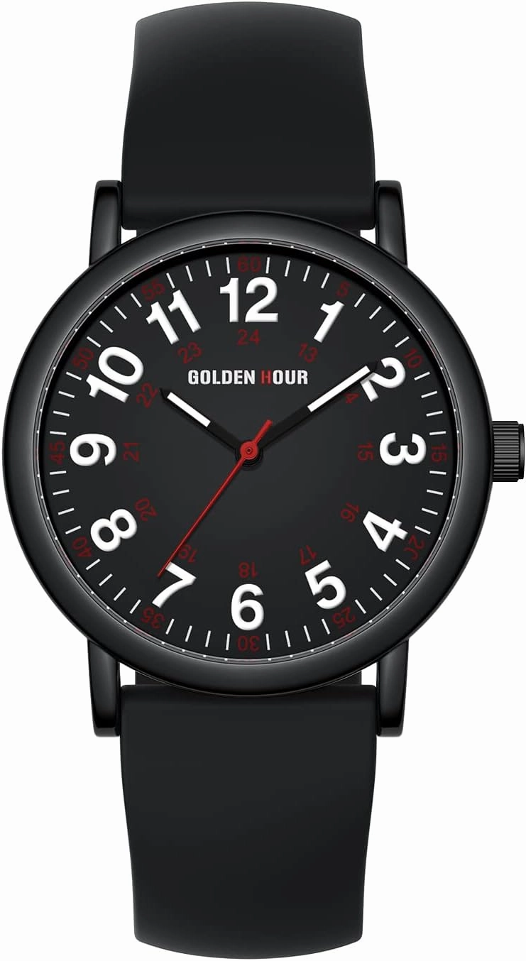 GOLDEN HOUR Waterproof Nurse Watch for Medical Professionals, Students Women Men - Military Time Luminouse Easy Read Dial, 24 Hour with Second Hand, Colorful Silicone Band