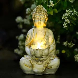 Goodeco Meditation Small Buddha Statue Figurine -Buddha with LED Tea Lights Candle Holder,Gift idea,Zen Home Decor Meditation Accessories,White Gold Look 8"