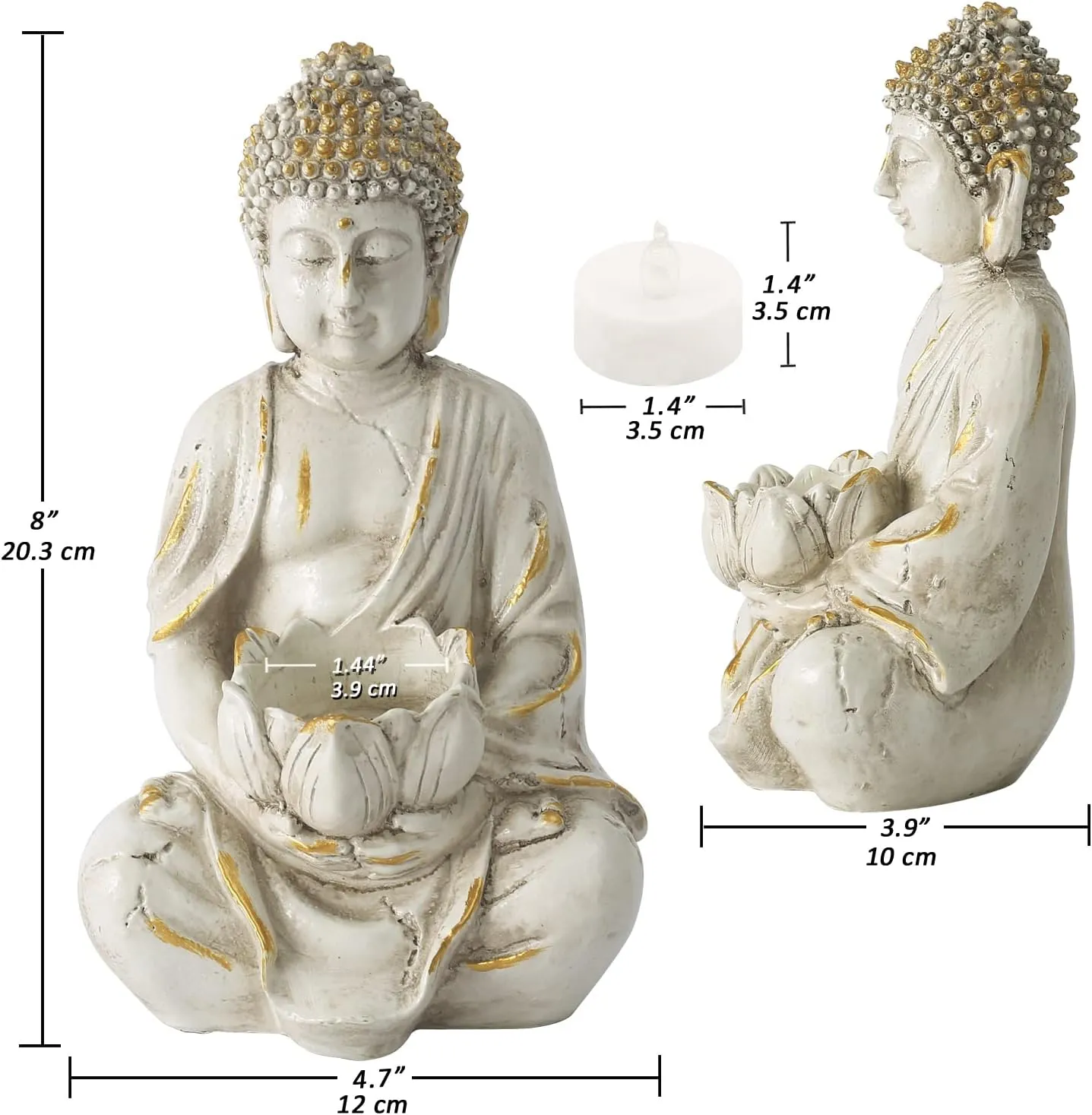 Goodeco Meditation Small Buddha Statue Figurine -Buddha with LED Tea Lights Candle Holder,Gift idea,Zen Home Decor Meditation Accessories,White Gold Look 8"