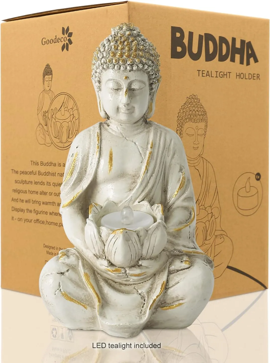 Goodeco Meditation Small Buddha Statue Figurine -Buddha with LED Tea Lights Candle Holder,Gift idea,Zen Home Decor Meditation Accessories,White Gold Look 8"