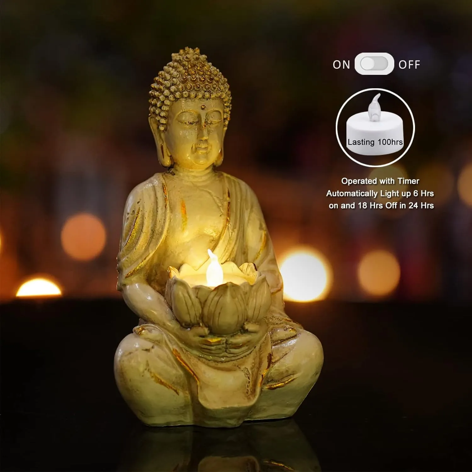 Goodeco Meditation Small Buddha Statue Figurine -Buddha with LED Tea Lights Candle Holder,Gift idea,Zen Home Decor Meditation Accessories,White Gold Look 8"