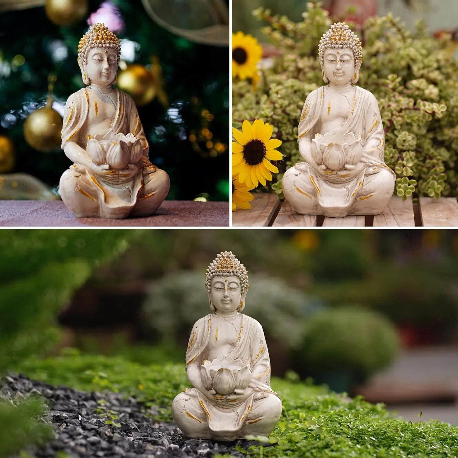Goodeco Meditation Small Buddha Statue Figurine -Buddha with LED Tea Lights Candle Holder,Gift idea,Zen Home Decor Meditation Accessories,White Gold Look 8"