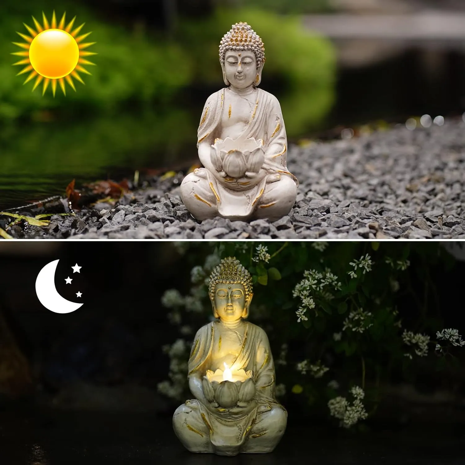 Goodeco Meditation Small Buddha Statue Figurine -Buddha with LED Tea Lights Candle Holder,Gift idea,Zen Home Decor Meditation Accessories,White Gold Look 8"