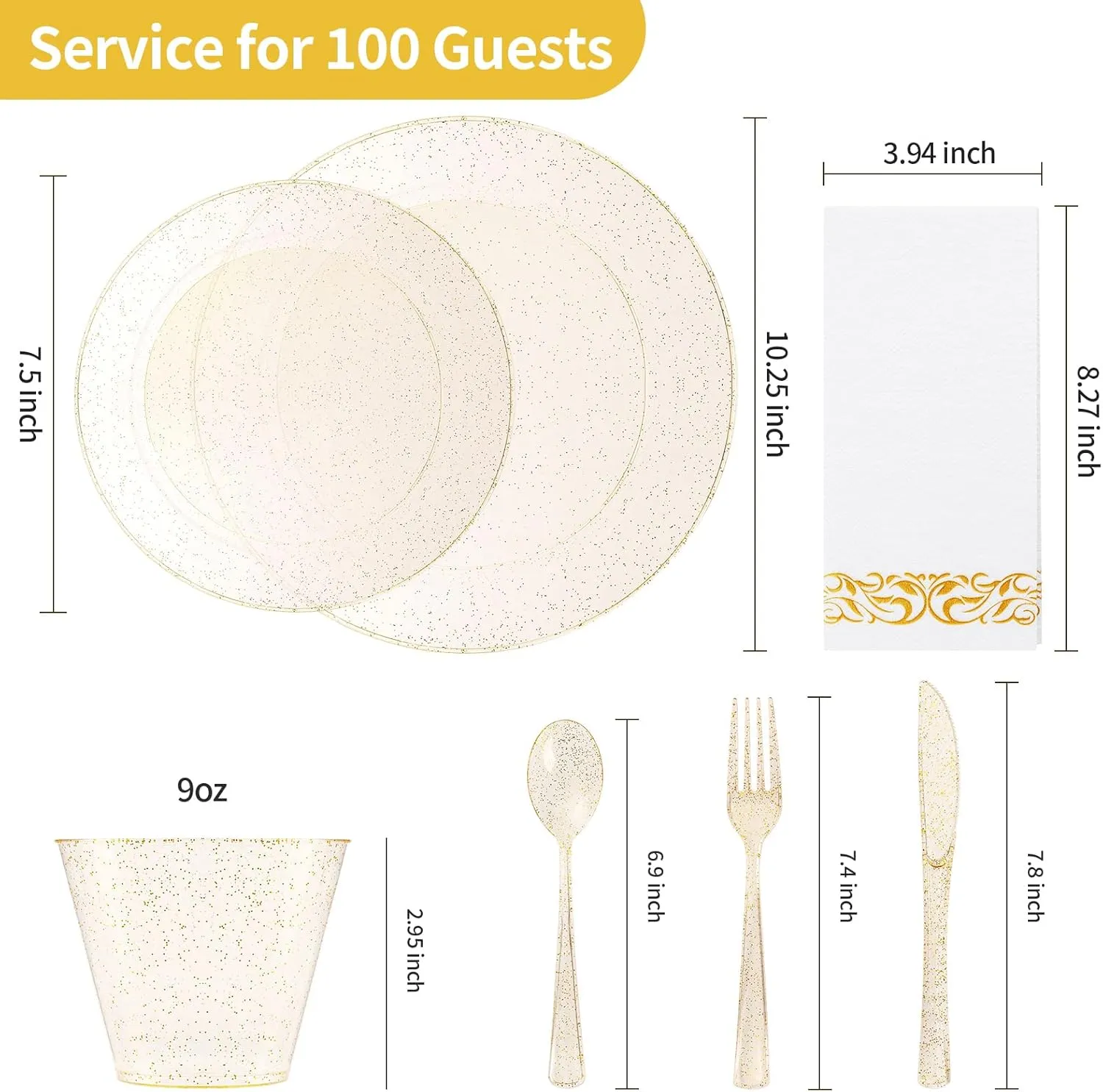 Goodluck 700 Piece Gold Glitter Dinnerware Set for 100 Guests, Plastic Plates Disposable for Party, Include: 200 Plastic Plates, 100 Paper Napkins, 100 Cups, 100 Glitter Silverware Set