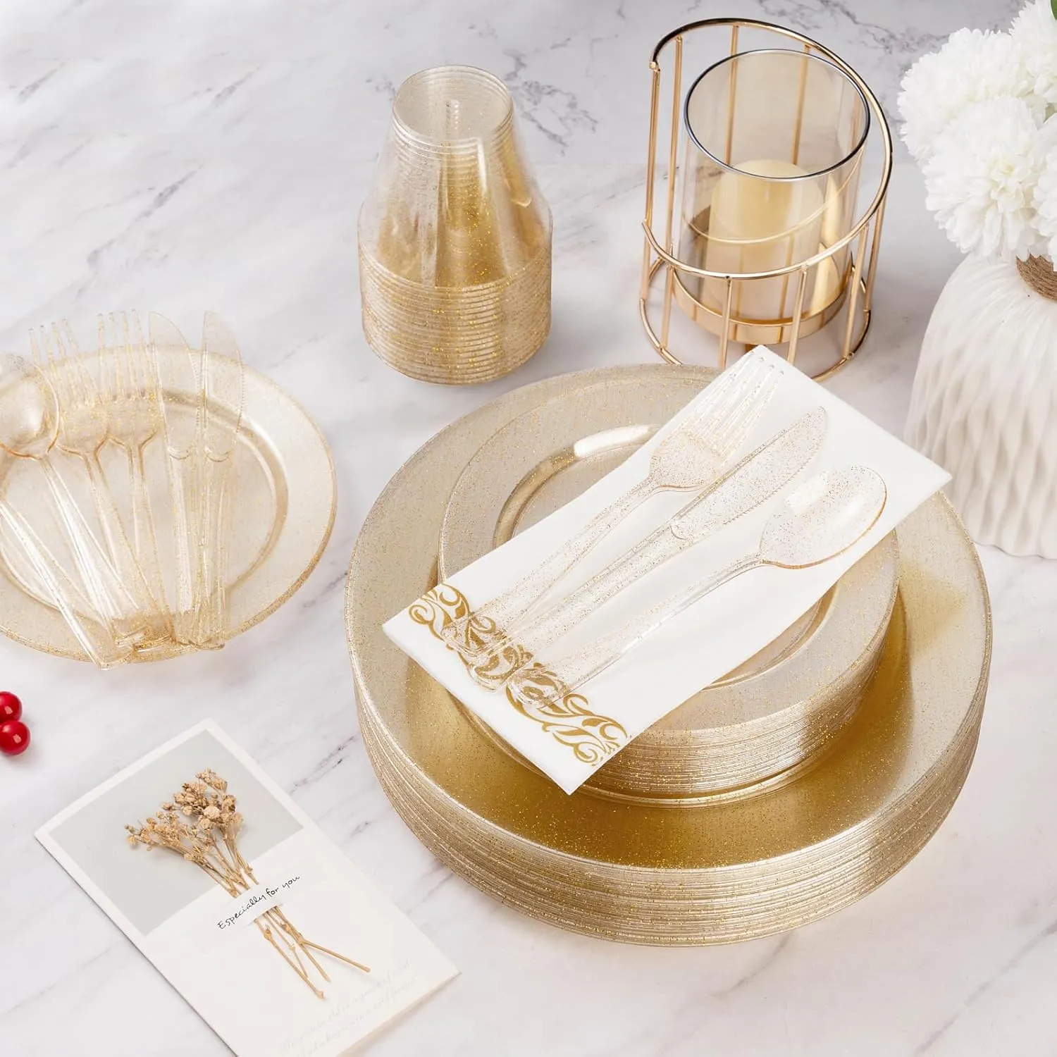 Goodluck 700 Piece Gold Glitter Dinnerware Set for 100 Guests, Plastic Plates Disposable for Party, Include: 200 Plastic Plates, 100 Paper Napkins, 100 Cups, 100 Glitter Silverware Set