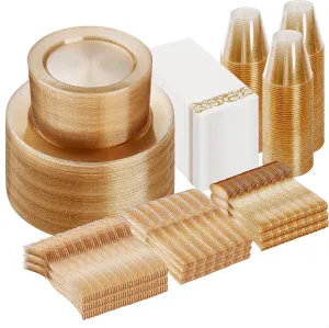 Goodluck 700 Piece Gold Glitter Dinnerware Set for 100 Guests, Plastic Plates Disposable for Party, Include: 200 Plastic Plates, 100 Paper Napkins, 100 Cups, 100 Glitter Silverware Set