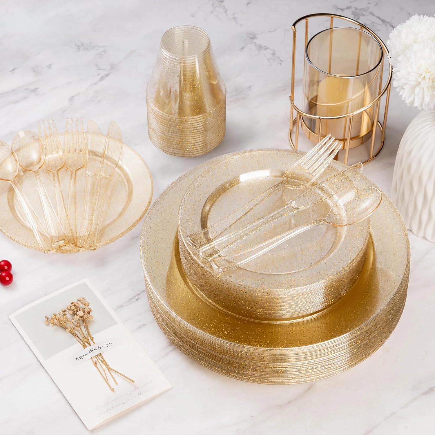 Goodluck 300 Piece Gold Glitter Disposable Plates for 50 Guests, Plastic Plates for Party, Wedding, Dinnerware Set of 50 Dinner Plates, 50 Salad Plates, 50 Spoons, 50 Forks, 50 Knives, 50 Cups