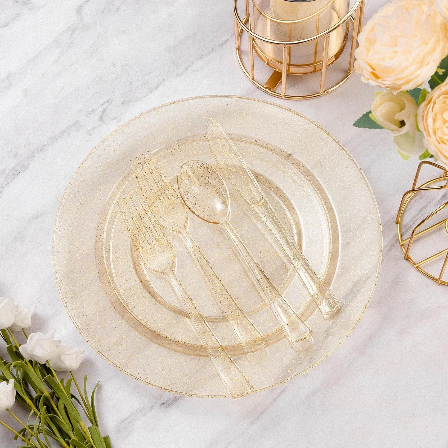 Goodluck 300 Piece Gold Glitter Disposable Plates for 50 Guests, Plastic Plates for Party, Wedding, Dinnerware Set of 50 Dinner Plates, 50 Salad Plates, 50 Spoons, 50 Forks, 50 Knives, 50 Cups