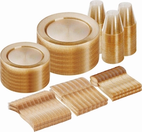 Goodluck 300 Piece Gold Glitter Disposable Plates for 50 Guests, Plastic Plates for Party, Wedding, Dinnerware Set of 50 Dinner Plates, 50 Salad Plates, 50 Spoons, 50 Forks, 50 Knives, 50 Cups