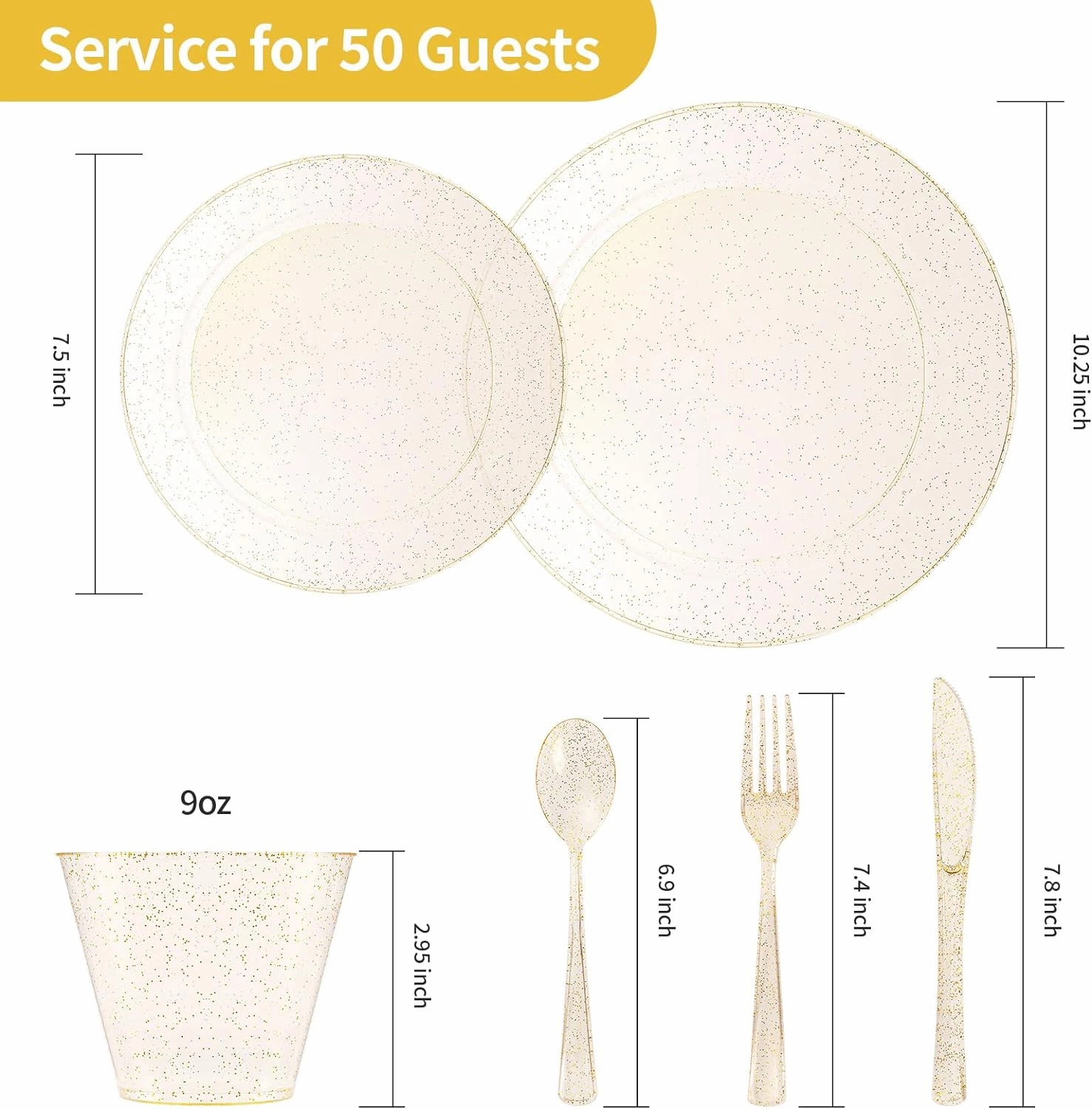 Goodluck 300 Piece Gold Glitter Disposable Plates for 50 Guests, Plastic Plates for Party, Wedding, Dinnerware Set of 50 Dinner Plates, 50 Salad Plates, 50 Spoons, 50 Forks, 50 Knives, 50 Cups