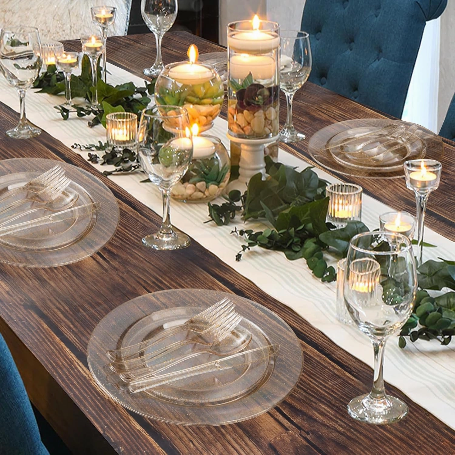 Goodluck 300 Piece Gold Glitter Disposable Plates for 50 Guests, Plastic Plates for Party, Wedding, Dinnerware Set of 50 Dinner Plates, 50 Salad Plates, 50 Spoons, 50 Forks, 50 Knives, 50 Cups