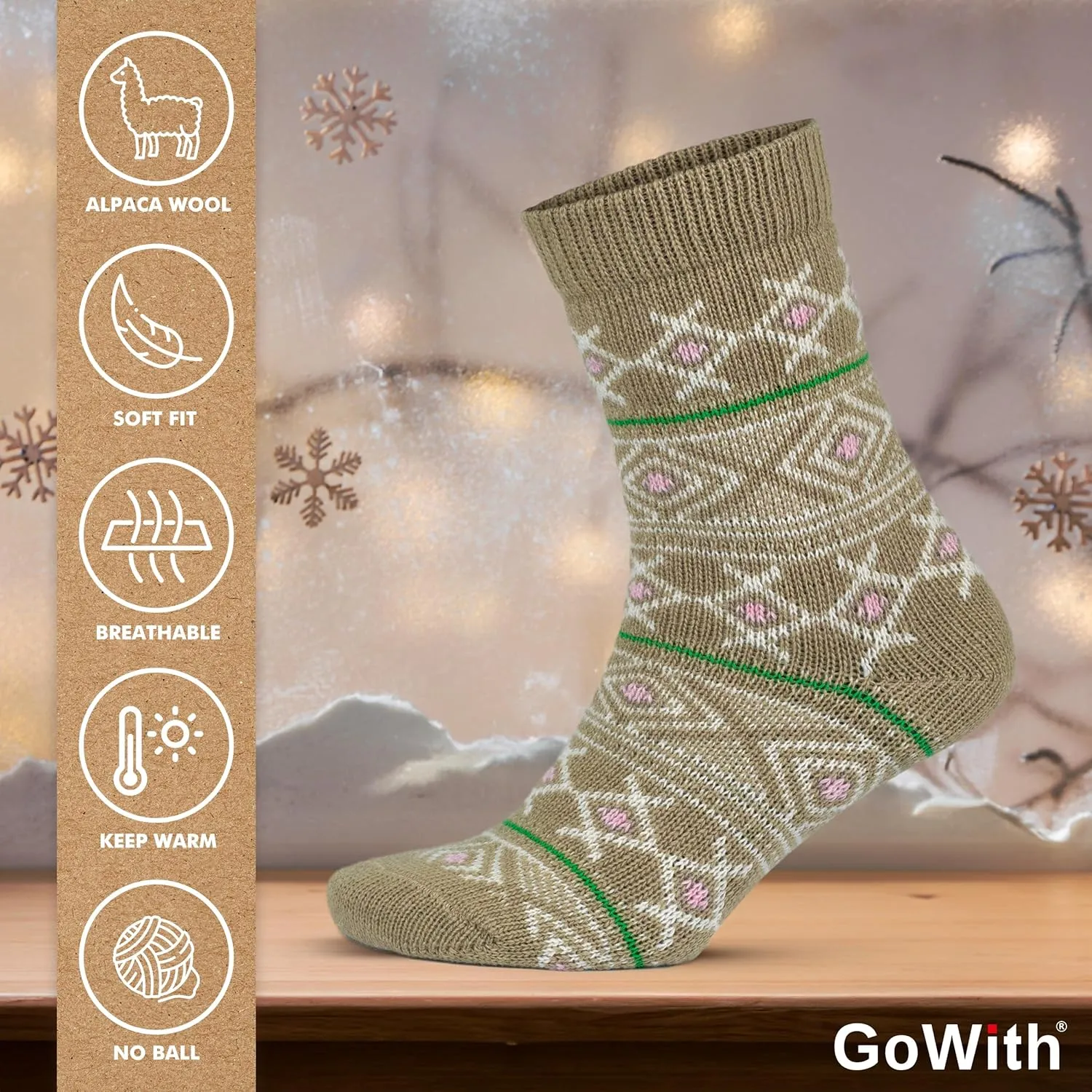 GoWith Vintage Alpaca Wool Socks for Women, Cozy Warm Alpaca-Merino Blend Christmas Socks, Soft Hiking Boot Socks, 2 Pairs