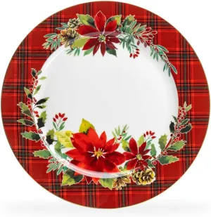 Grace Teaware Poinsettia Pine Cone Plaid Fine Porcelain 10.5-inch Dinner Plate Set of 1, One plate