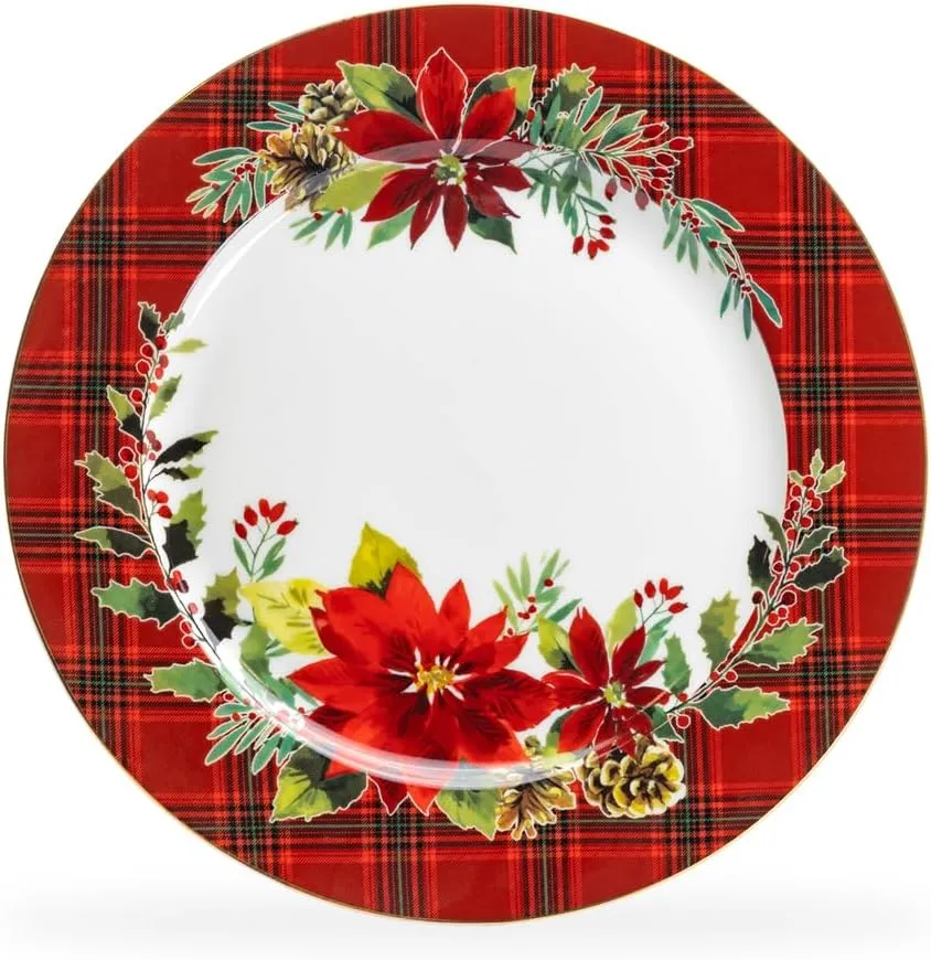 Grace Teaware Poinsettia Pine Cone Plaid Fine Porcelain 10.5-inch Dinner Plate Set of 1, One plate