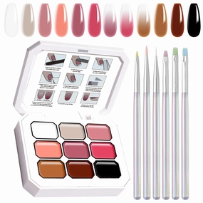 Gradient Painting Gel Set, 9 Colors Ombre Gel Nail Polish with 6 Aurora Multi-Purpose Brushes for Ombre Nails Aura Nails French Manicure Soak Off UV B Nude Rose Chroma