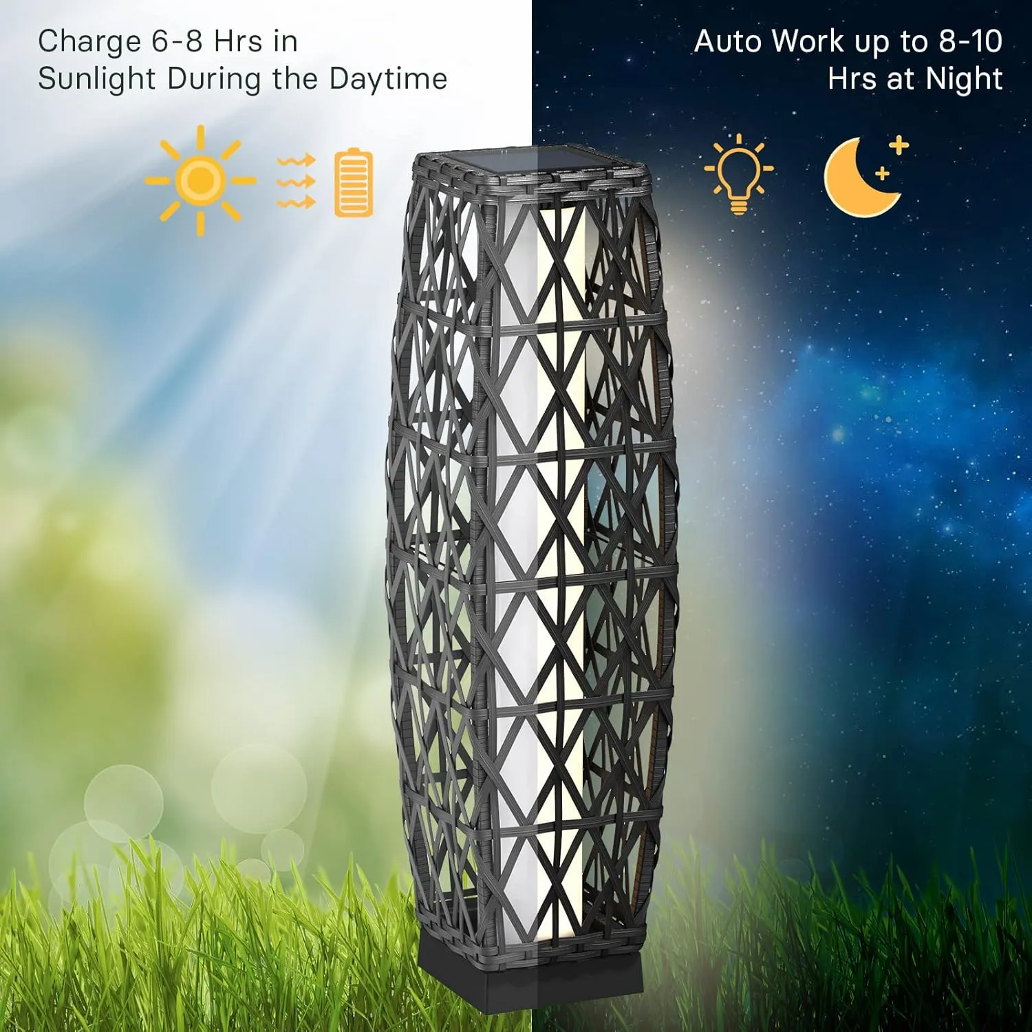 Grand patio Outdoor Solar Powered Wicker Floor Lamp Outdoor Weather-Resistant Deck Light for Garden Porch - Silver Gray, Large Cindy