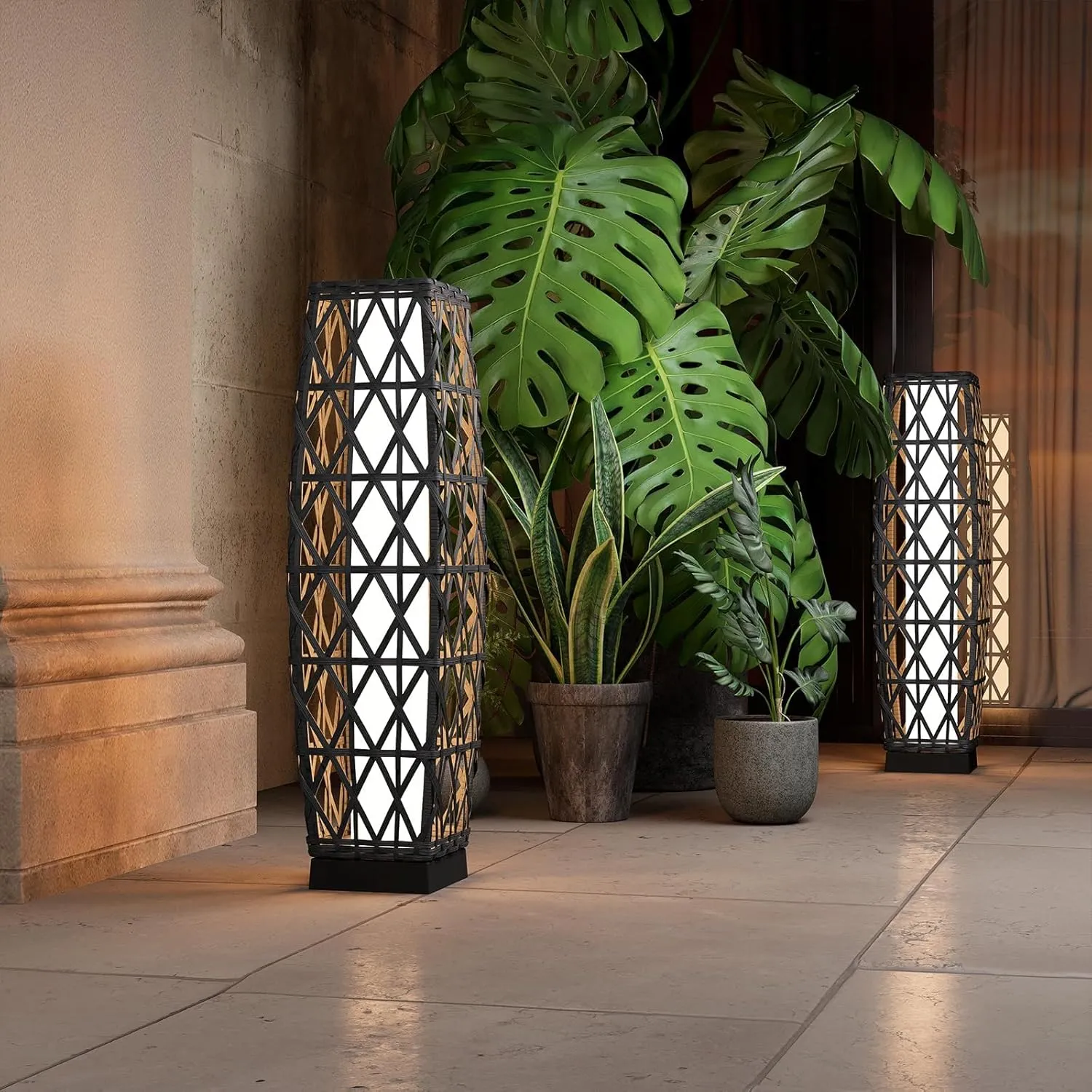 Grand patio Outdoor Solar Powered Wicker Floor Lamp Outdoor Weather-Resistant Deck Light for Garden Porch - Silver Gray, Large Cindy