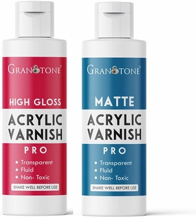 GRANOTONE Acrylic Artist's Varnish | High Gloss & Matt Finish | Non-Yellowing | Non-Toxic | Anti-Crazing Formula | Suitable for Pro Artists, Hobby Painters & Kids | Made in India | 100 ML x 2