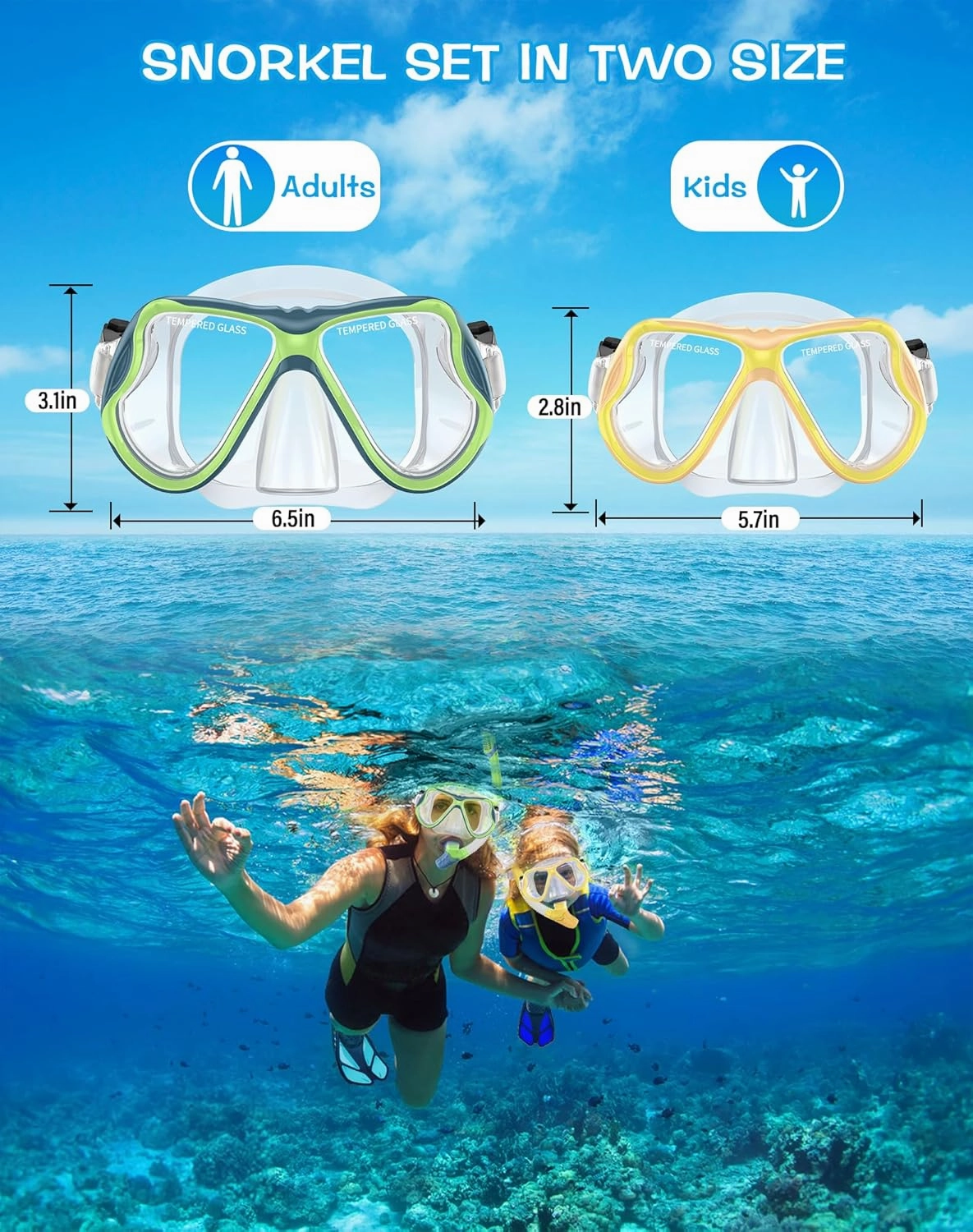 Greatever Snorkeling Gear for Kids, Dry Snorkel Set Panoramic View Snorkel Mask, Anti-Fog Scuba Diving Mask for Kids Youth Age 6-14, Unisex Swimming Goggles