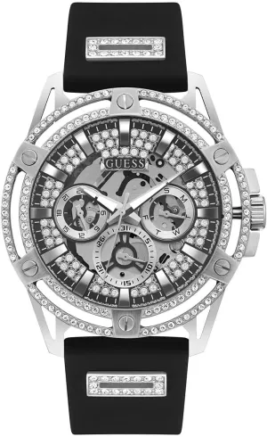 GUESS Mens 48mm Watch - Black Strap Silver Dial Silver Tone Case